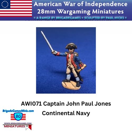 Wargaming miniature of Captain John Paul Jones with telescope and raising his sword from the Continental Navy on a blue background with BrigadeGames branding.