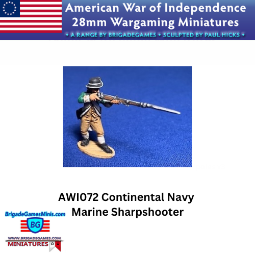 Wargaming miniature of a Continental Navy Marine Sharpshooter aiming/shooting musket on a blue background with BrigadeGames branding.
