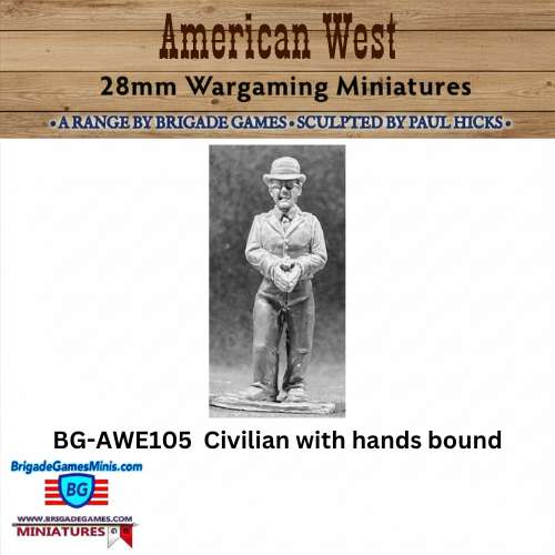 Miniature figure of a civilian with bound hands on a wooden background with text about 28mm wargaming miniatures.