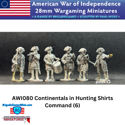 Continental infantry in hunting shirts command miniatures. Unpainted 28mm size. Six miniatures - 2 officers, drummer, 2 flag bearers, fifer.  Sculpted by Paul Hicks.  