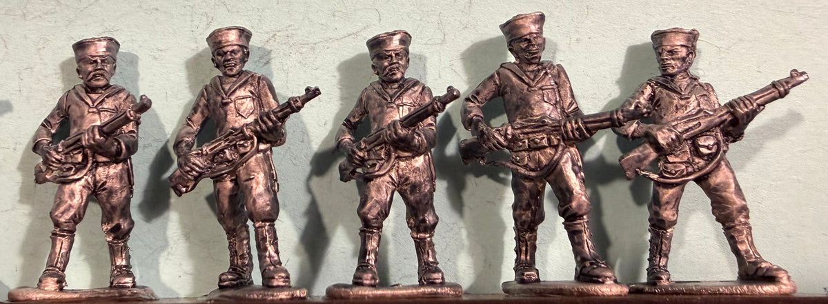 BrigadeGamesMinis CSP003 USN Sailors B - hats - 5 miniature figures with rifles that are inked to show the detail. The top banner reads 'YANGTZE PATROL Adventures in War Torn China - 28mm Minis by BrigadeGamesMinis.