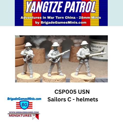 28mm miniature set titled 'Yangtze Patrol' by BrigadeGamesMinis.com, showing three unpainted USN sailor miniatures with helmets armed with tommy gun, BAR and lewis gun.