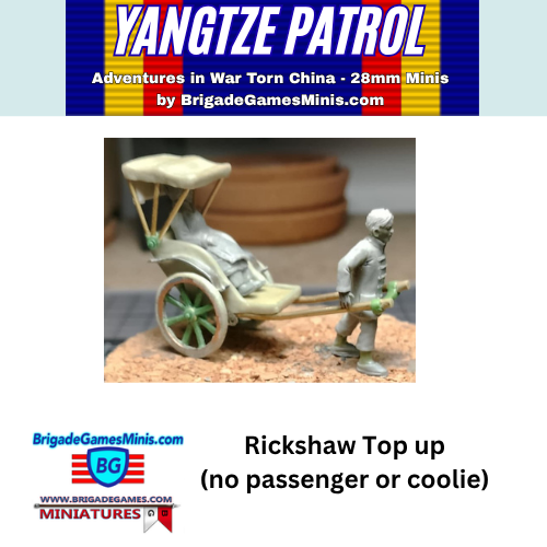 A product listing image for a 'Rickshaw Top up' 28mm miniature by BrigadeGamesMinis.com.
