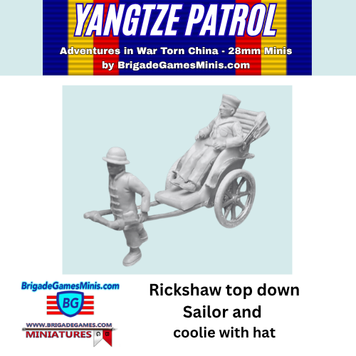 A product listing graphic for a 28mm miniature set by BrigadeGamesMinis, showing a top-down Rickshaw with a sailor and a coolie wearing a hat.