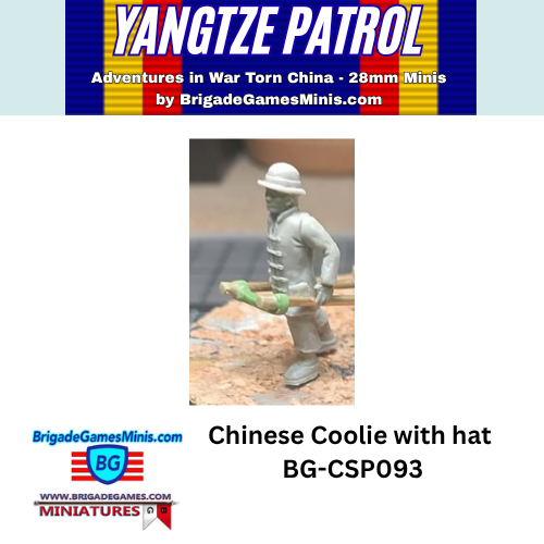 A product listing image for a 28mm figure in hat. The image features a white background with a top banner reading 'YANGTZE PATROL Adventures in War Torn China - 28mm Minis by BrigadeGamesMinis.