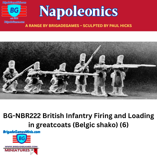 Model British infantry figures in greatcoats and Belgic shako from BrigadeGames 