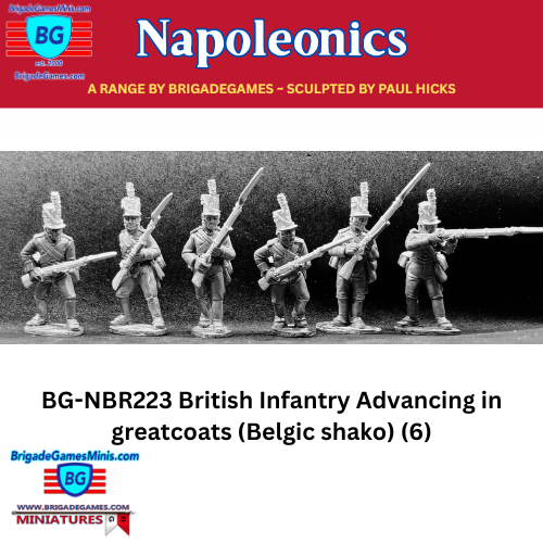 Model British infantry figures in greatcoats with Belgic shako by BrigadeGames.