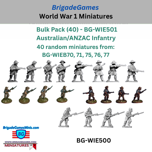 Promotional image of BrigadeGames World War 1 miniatures bulk pack with Australian/ANZAC Infantry figures.