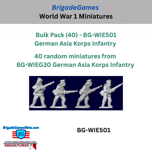 Advertisement for BrigadeGames World War 1 miniatures with four German Asia Korps Infantry figures on a blue background.
