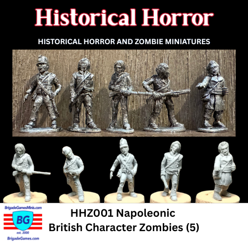 Napoleonic British character zombie miniatures shown inked to bring out the detail and as sculpted greens.