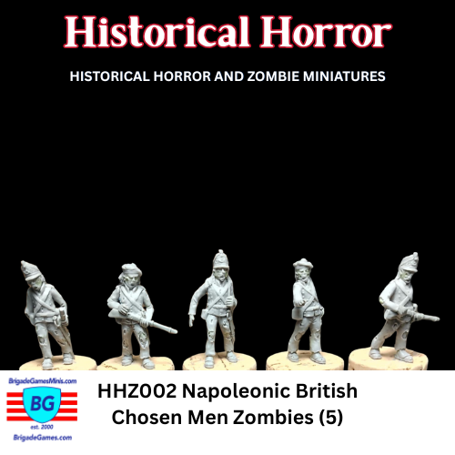 Five miniature figures of Napoleonic British soldiers labeled 'Chosen Men Zombies' shown as sculpted greens.