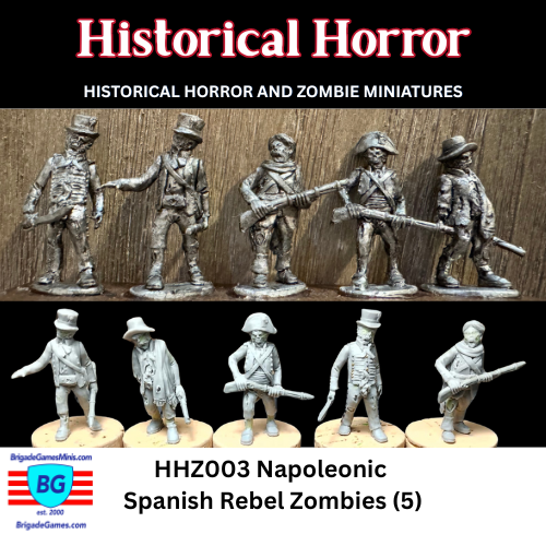 Napoleonic Spanish Rebel Zombies miniatures shown inked to bring out the detail and as sculpted greens.