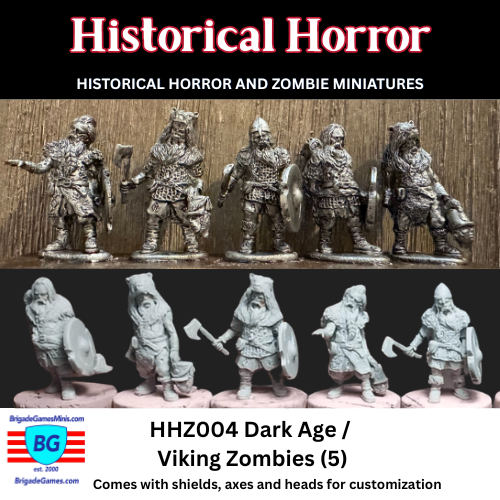 5 Miniature figures of Viking zombies with customizable accessories shown inked to bring out the detail and as sculpted greens.