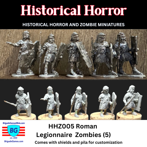 Roman Legionnaire Zombie miniatures with shields and pila for customization, shown inked to bring out the detail and as sculpted greens.