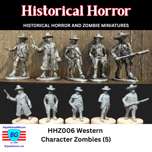 5 Miniature figures of Western Character Zombies shown inked to bring out the detail and as sculpted greens.