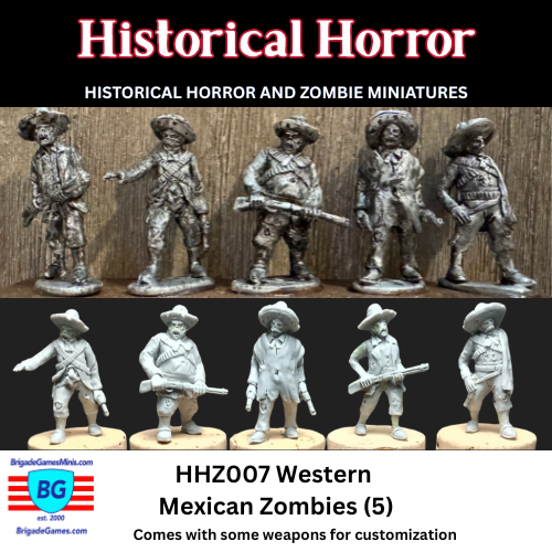 5 Miniature figures of Western Mexican Zombies with weapons shown inked to bring out the detail and as sculpted greens.