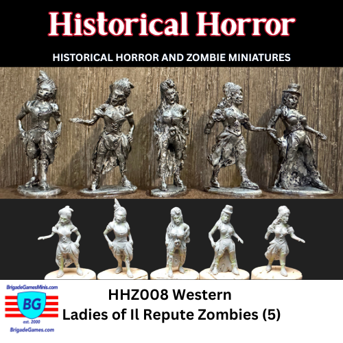 Set of 5 zombie ladies of il repute miniatures labeled 'Historical Horror' shown inked to bring out the detail and as sculpted greens.