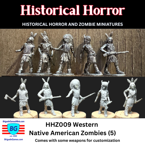5 Miniature figures of Western Native American Zombies shown inked to bring out the detail and as sculpted greens.