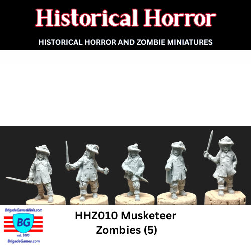 Five musketeer zombie miniatures shown  as sculpted greens.