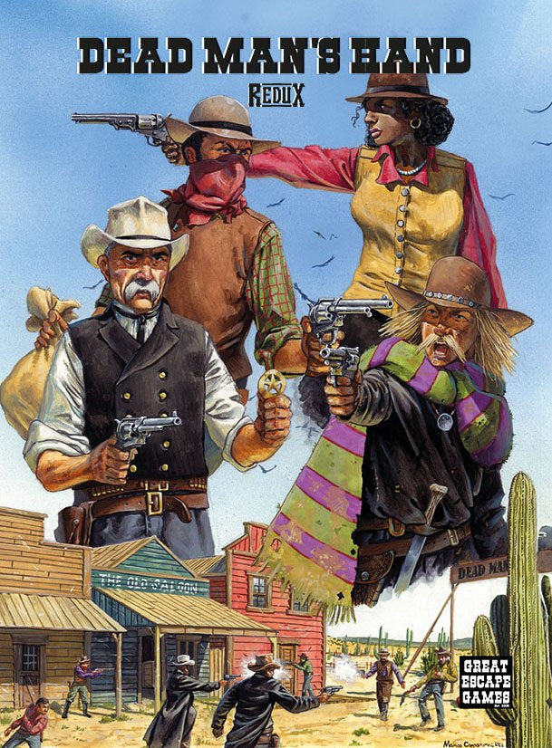 Dead Man&#39;s Hand Redux Rulebook color cover with 4 drawings of gunfighters