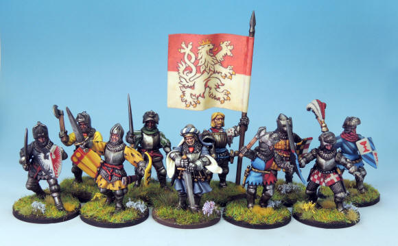 A set of painted fantasy miniature Bohemian Knights - NS-HWP001 - Hussite Wars - NorthStar  arranged on round grass bases, with a large red and cream banner featuring a golden lion in the center, photographed against a light blue studio background.