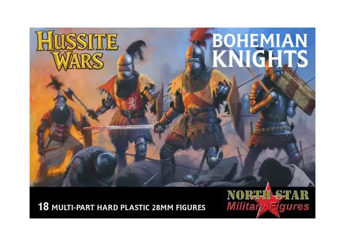 Box art for North Star Military Figures 'Hussite Wars Bohemian Knights' 28mm plastic figures, showing illustrated medieval knights in armor on a dark background with product text at the bottom.