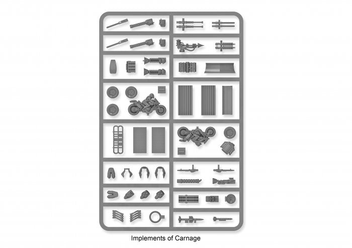 Model kit plastic frame with various components for customizing matchbox cars for gaslands refuelled or car wars type wargames.
