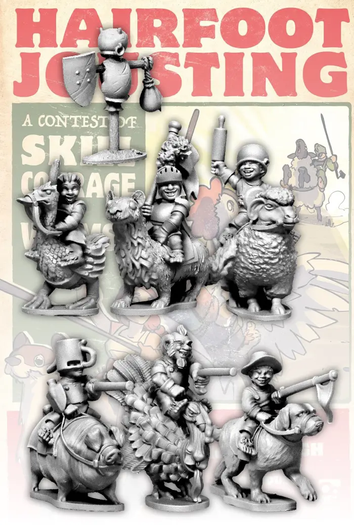 A set of unpainted fantasy tabletop miniature figurines titled 'Hairfoot Jousting', featuring various knights on horseback and creatures.