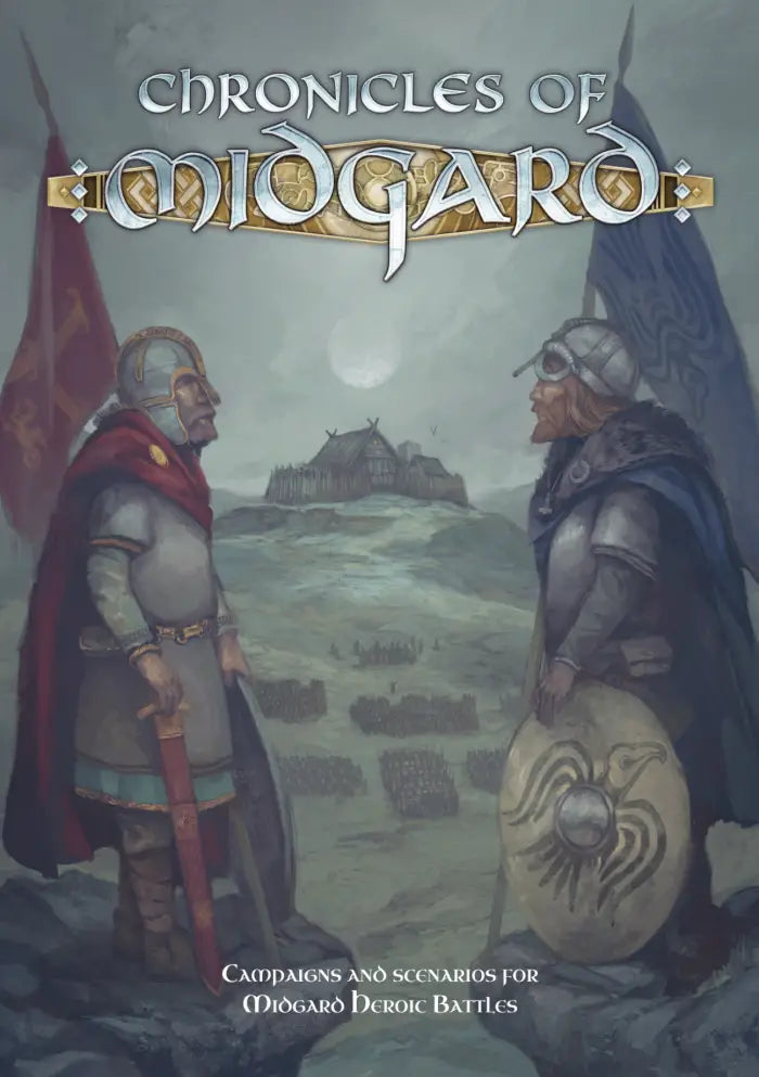 Book cover of 'Chronicles of Midgard' with two warriors facing each other in a landscape. Campaigns and scenarios for Midgard Heroic Battles