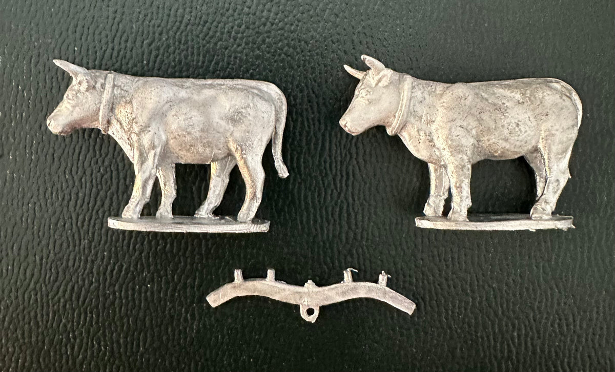 Left side view of a set of two oxen with a separate yoke for attaching them to a cart, wagon or plow.